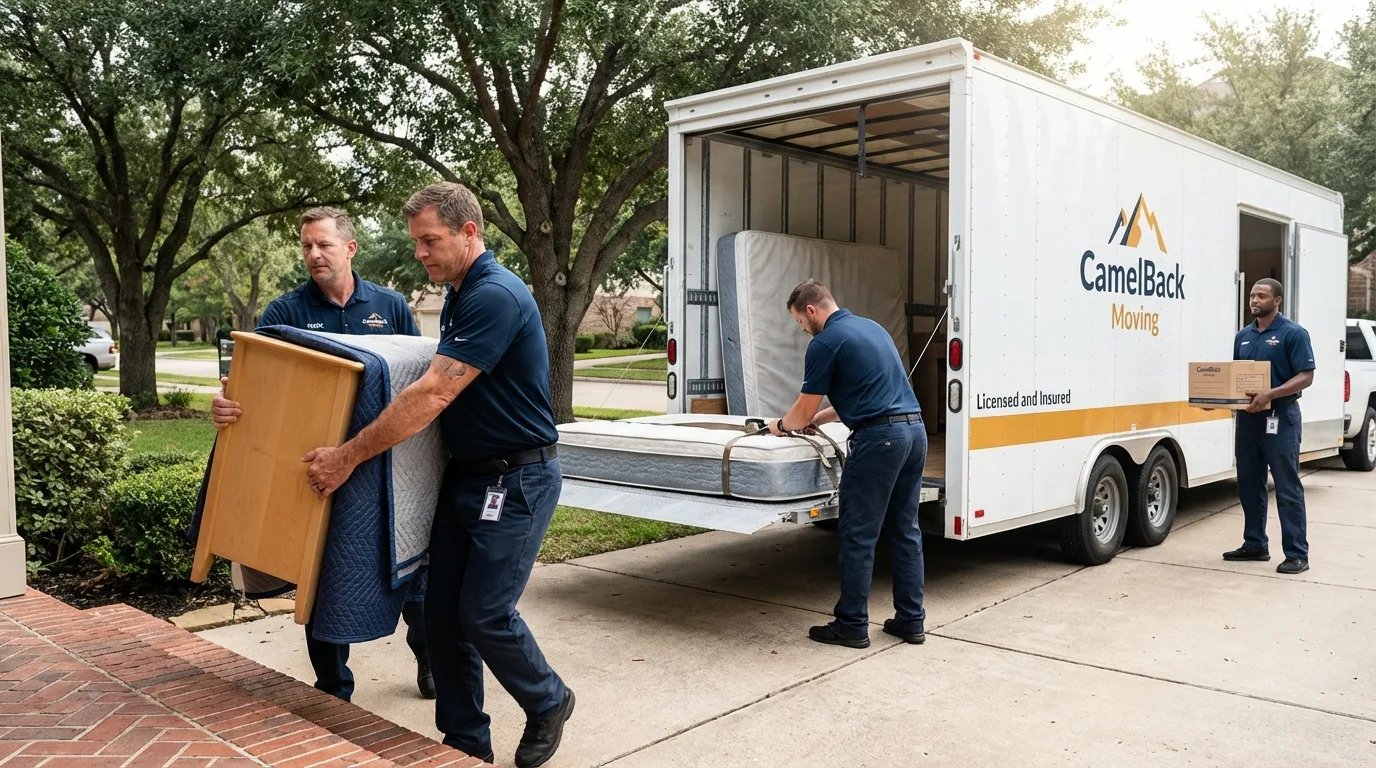 Crew loading residential truck for cross-state move from Bloomington, IN