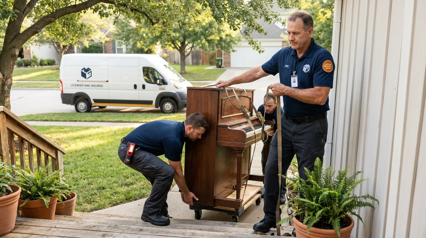 Licensed piano movers securing grand piano in Bloomington, IN