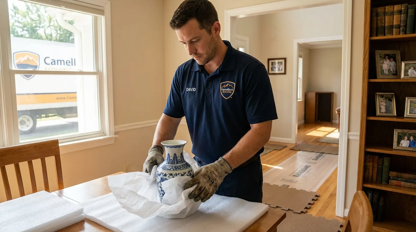 Professional crew carefully wrapping antique vase for senior downsizing move in Bloomington, IN